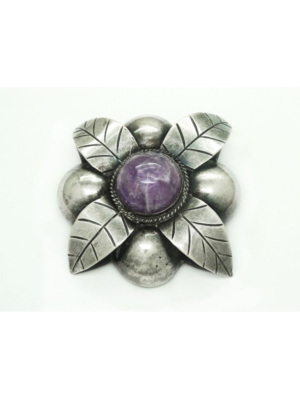 Large Amethyst Round Cabochon Flower Brooch Pin Mexico Sterling Silver